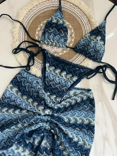 Handmade 3PCS Set High Quality Women Female Swimsuit Colored Maple Leaves Knitted Bikini Skirt Swimsuit Bikini Brazilian Beach Bathing Suit Girls Ladies Luxury Summer Fashion Apparel Products