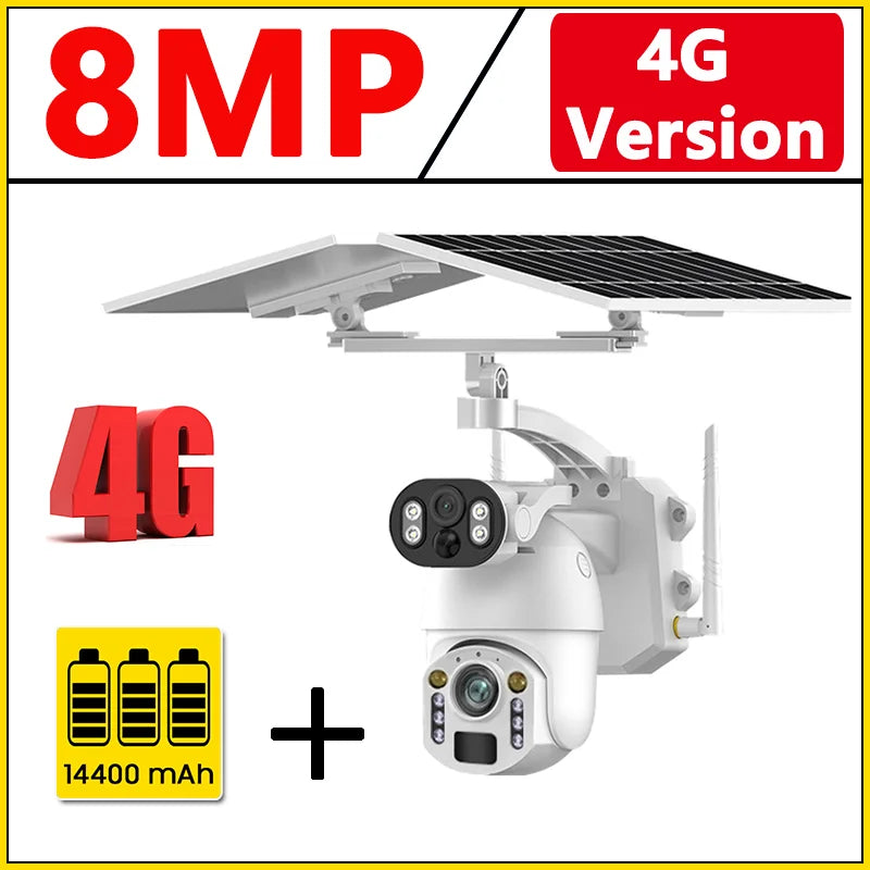 NEW 4K 8MP 50X Optical Zoom Solar Camera 4G Sim/Wi-Fi PTZ Dual Lens Recording Humanoid Tracking Outdoor Waterproof IP Security Camera Home Office Factory Anti-Burglary Systems