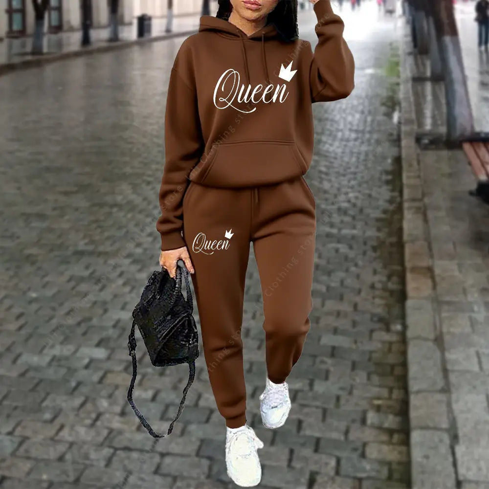 NEW 2PCS Set S-3XL UK Plus Size 10 Colors Queen Letter Graphic Women's Sets Hoodies Pants Suit Autumn Winter Sports Jogging High quality Aesthetic Tracksuit