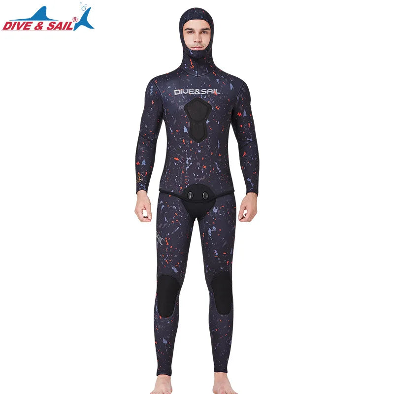 7MM Neoprene Material Thick and Warm S-3XL Extra Plus Size Women Men Wetsuit Top Quality Hooded Split Professional Thermal Diving Suit Water Sports Kitesurf Spearfishing Snorkeling Surfing Suit