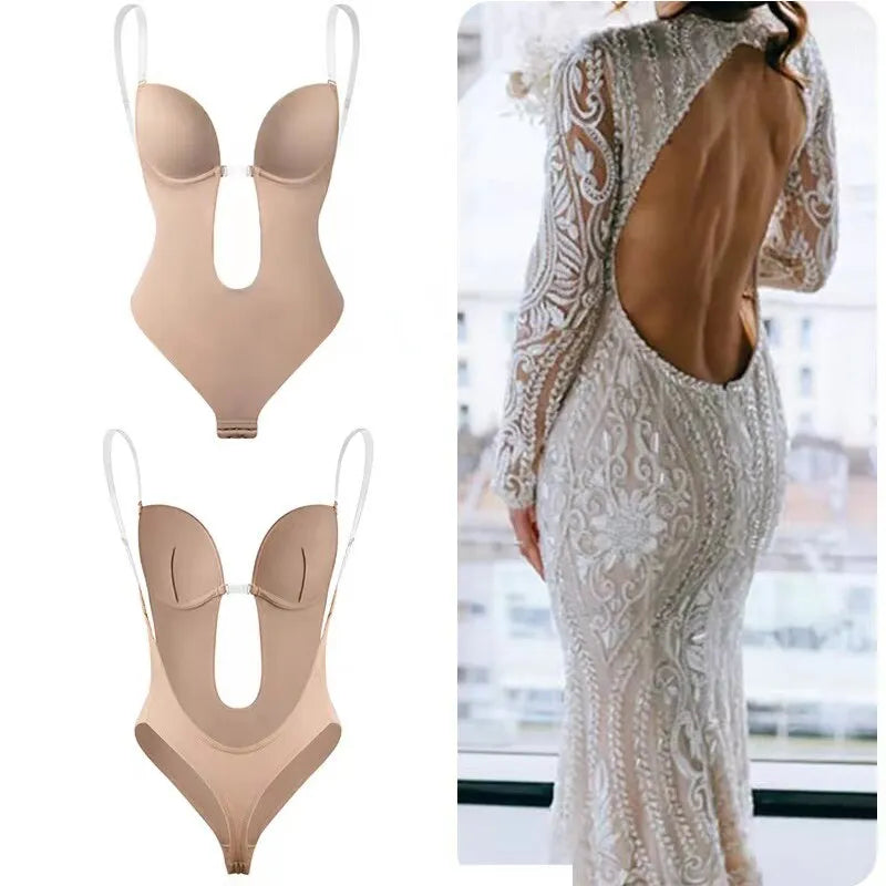 Women Shapers Underwear Backless Bodysuit Shapewear M L XL Deep V-Neck Body U Plunge Clear Strap Padded Push Up Corset