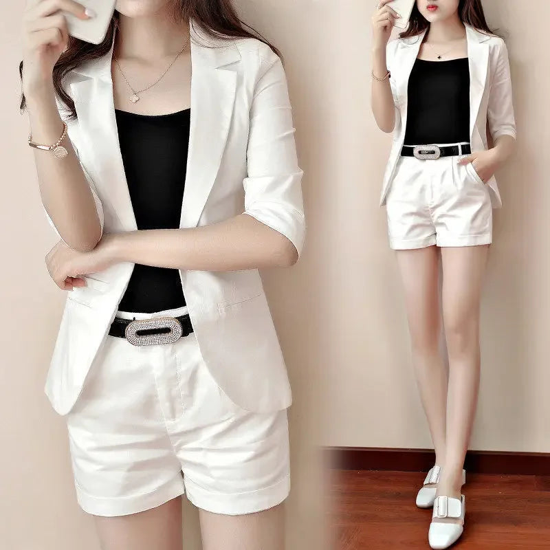 NEW Arrivals 2PCS Set 2 Patterns White/Black Short/Long Pants Coat + Belt for Women Black Trouser Suit Blazer and Outfit Office Lady Professional Business Set Ladies Luxury Fashion Clothing Supplies