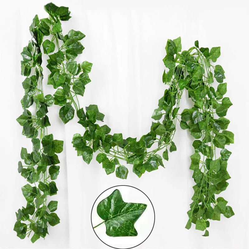 10M-105M 50 Strings Artificial Vine Leaf Decoration Vine Plants Hanging Outdoor DIY Fake Green Ivy Leaf Garland Rattan Wedding Garden Creeper Grapes Watermelon Begonia Sweet Potatoes Leaves