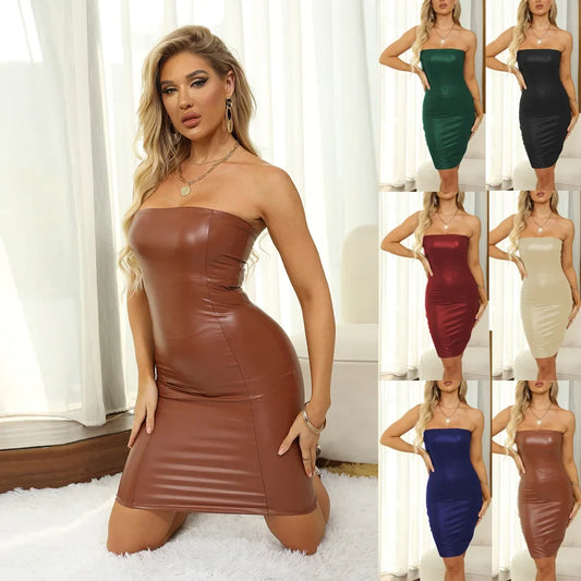 NEW Arrivals S-2XL Plus Size Sexy PU Leather Dress Women's Cross-Border Sexy Dress D23 Ins European American Style Sleeveless Patterned Dress Ladies Sexy Fashion Clothing Supplies