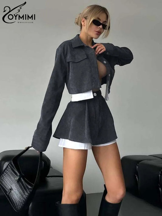 BRAND NEW 2PCS Set Blue/Gray/Black Color Patchwork Women Spring Outfit Elegant Long Sleeve Button Crop Tops And High Waisted Mini Skirts Sets