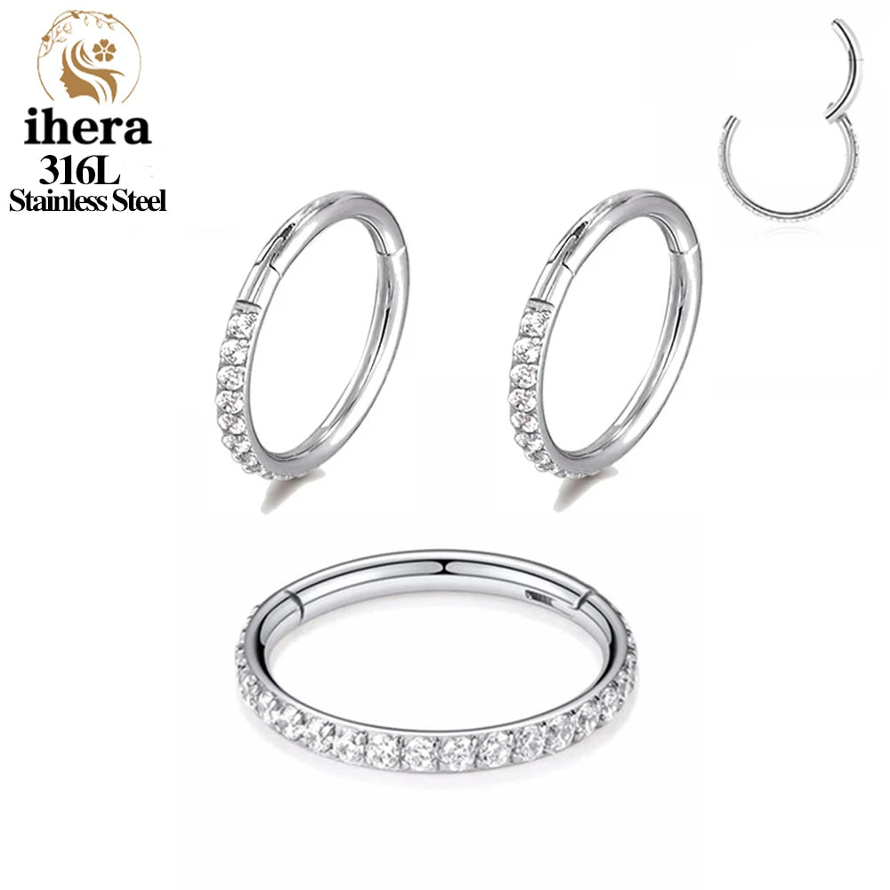 50PCS Set Stainless Steel Zircon Hinged Segment Nose Septum Clicker Ring Round Earrings Hoops Ear Tragus Helix Piercing Jewelry