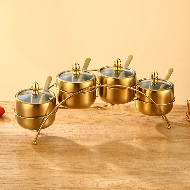 Home Villa Restaurants Hotels Household Luxury 304 Silver/Gold Color Stainless Steel Seasoning Tank Buffet Restaurant Hotel Seasoning Salt Storage Tank with Holder Rack Home Kitchenware Tools Sets