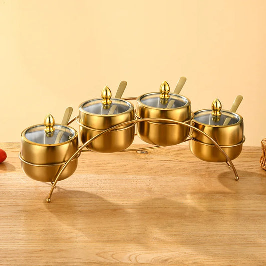 Home Villa Restaurants Hotels Household Luxury 304 Silver/Gold Color Stainless Steel Seasoning Tank Buffet Restaurant Hotel Seasoning Salt Storage Tank with Holder Rack Home Kitchenware Tools Sets