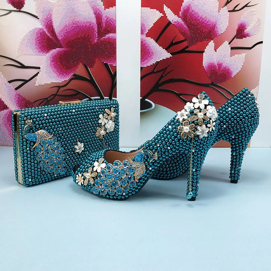 Low-Price Sales are Limited NEW Teal Luxury Blue Pearl Wedding Shoes Set with Matching Bags Bride High Heels Platform Shoes Open Toe Green Blue Evening Party Night Business Dinner Shoes Ladies Luxury Fashion Clothing Supplies