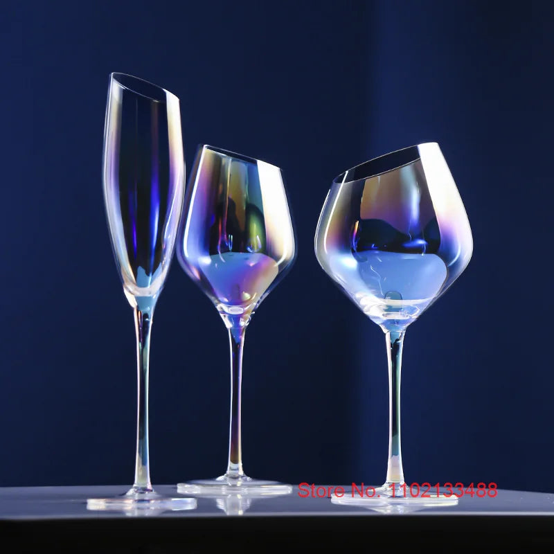 2 PCS Set Color Pearl Luxury Crystal Wine Glass Wedding Party Glassware Drink Cup Plating Rainbow Oblique Bordeaux Goblet Champagne Flutes