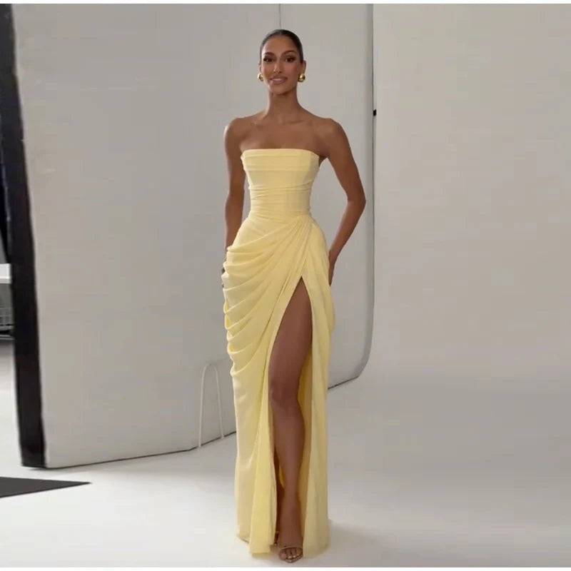 7 Colors Elegant Strapless Women's Dresses Sleeveless Waist Cinching Pleated Split Party Dress Spring Summer Evening Party Trendy Female Fashion