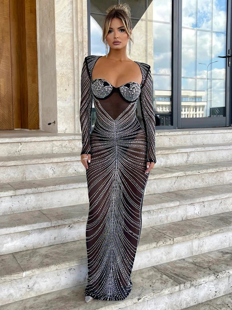 Low-Price Sales are Limiter NEW HOT SALE S-2XL Luxury Glitter Mesh See Through Party Maxi Dress For Women Fashion Full Sleeve Bodycon Sexy Club Long Evening Dress Female Ladies Luxury Fashion Clothing Products