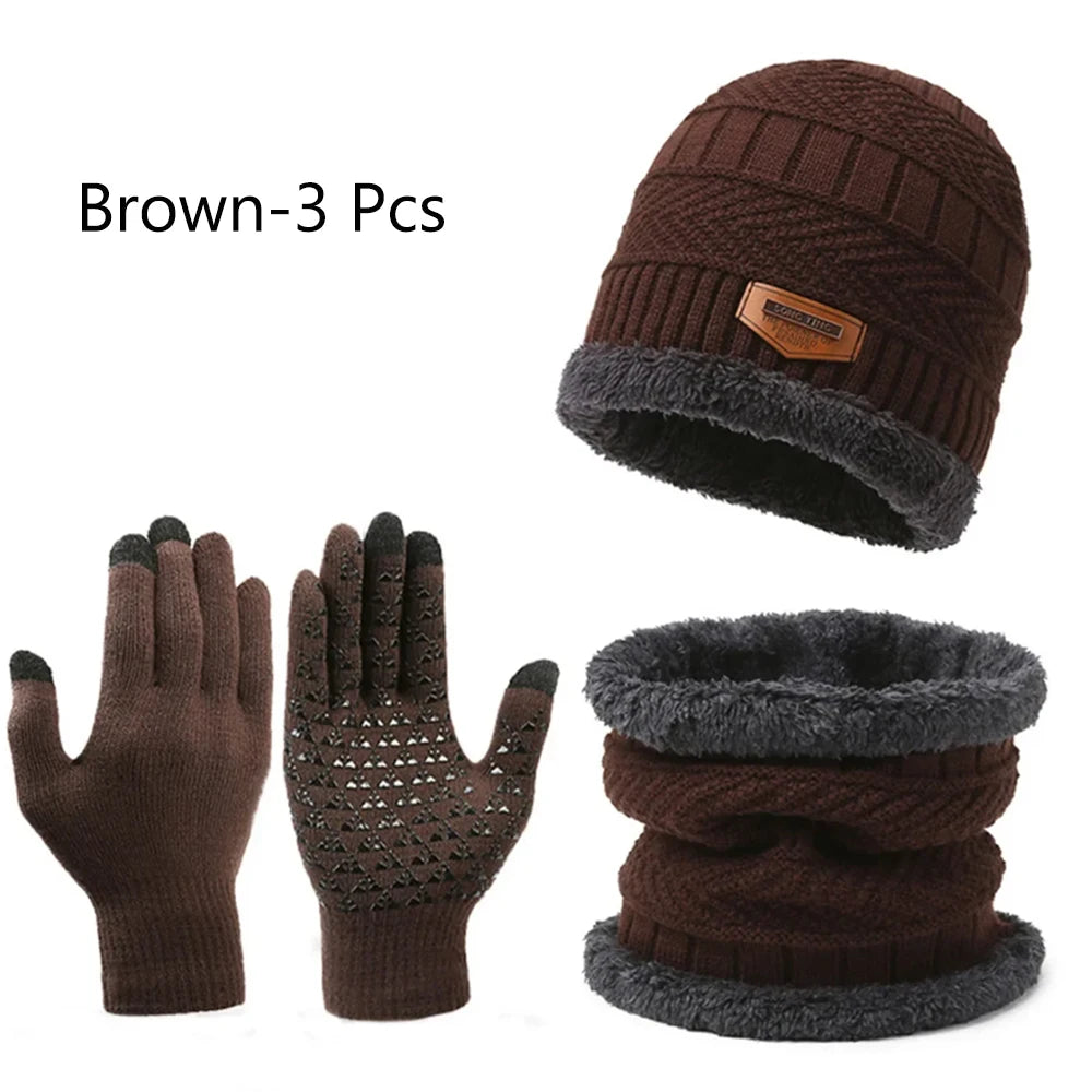 3 PCS Set Winter Fleece Thicken Windproof Hat Gloves Scarf Set Plush Warm Wool Knit Beanies for Men And Women