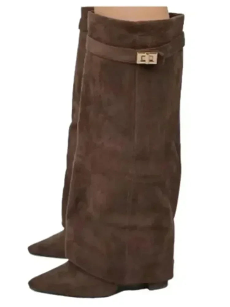 NEW Arrivals UK Big Size 6 Colors Autumn and Winter New Pointed Metal Buckle Knee High Women's Boots, Thick High-Heeled Pants Boots, Fashionable Mid Leg Boots