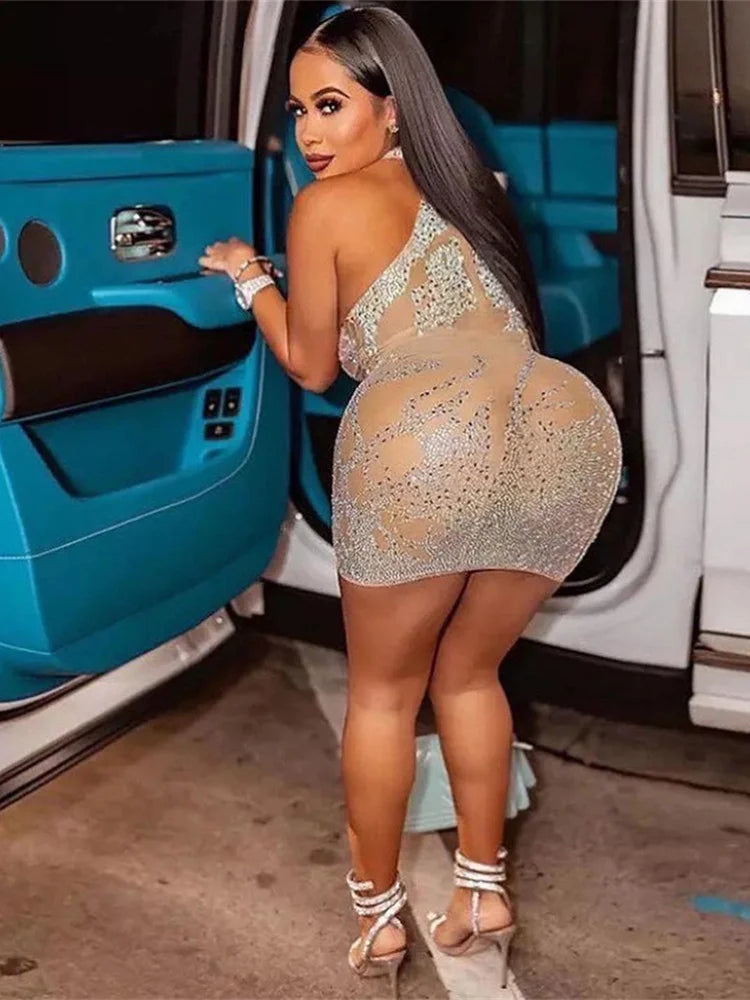 S-2XL Gold/Silvery Color Sexy Skinny Women See Through Luxury Dress Mesh Shiny Rhinestones Transparent  Coquette Mini Bodycon Hot Girls Ball Gown Party Night Clubwear Mini Dress