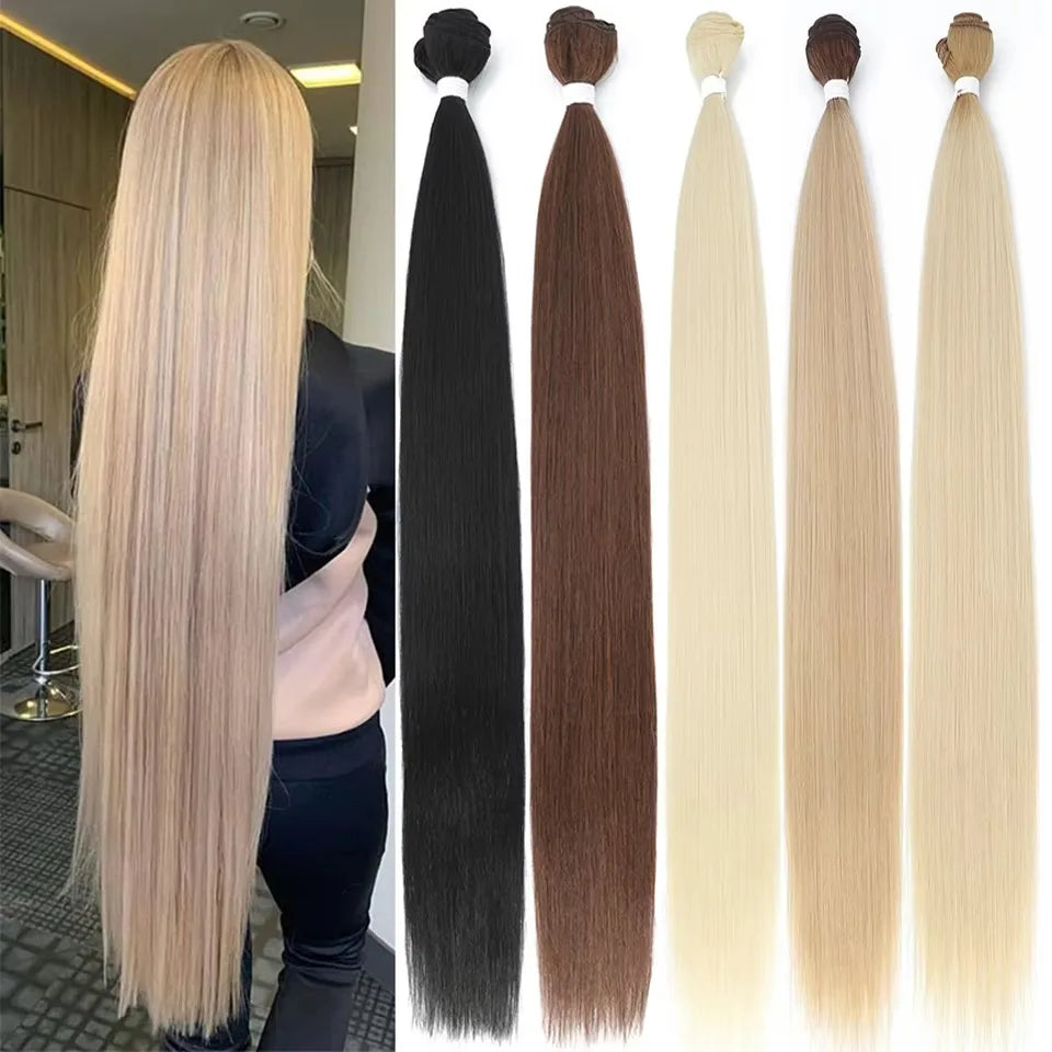 4 PCS Set 9 Colors Bone Straight Hair Bundles Salon Natural Hair Extensions Fake Fibers Super Long Synthetic Yaki Straight Hair Weaving Full to End