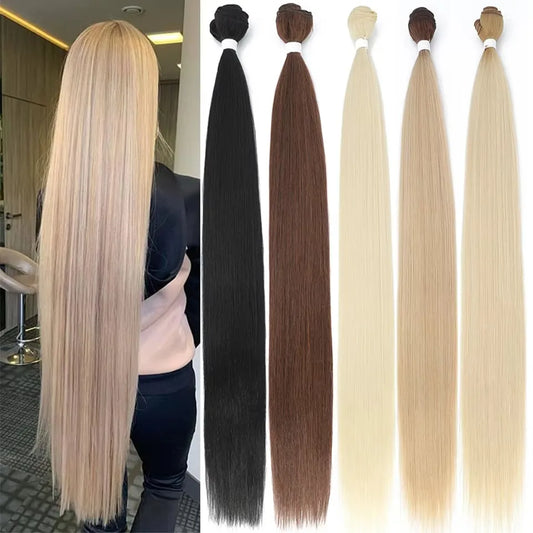 4 PCS Set 9 Colors Bone Straight Hair Bundles Salon Natural Hair Extensions Fake Fibers Super Long Synthetic Yaki Straight Hair Weaving Full to End