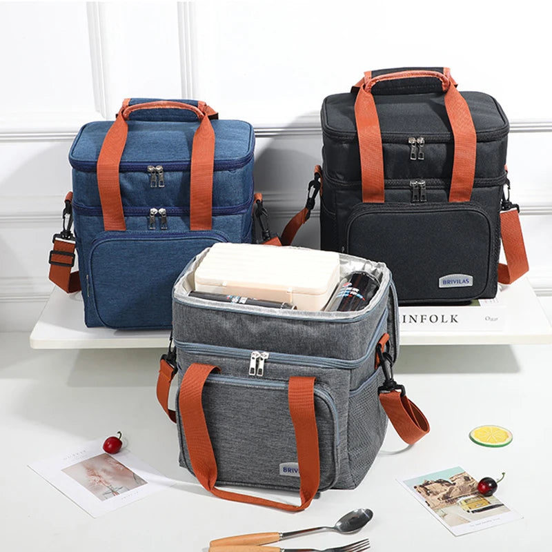 Large Capacity Double Layer Crosbody Lunch Bags Thermal Insulation Picnic Food Beverage Bag Outdoor Ice Bag Travel Storage Bags