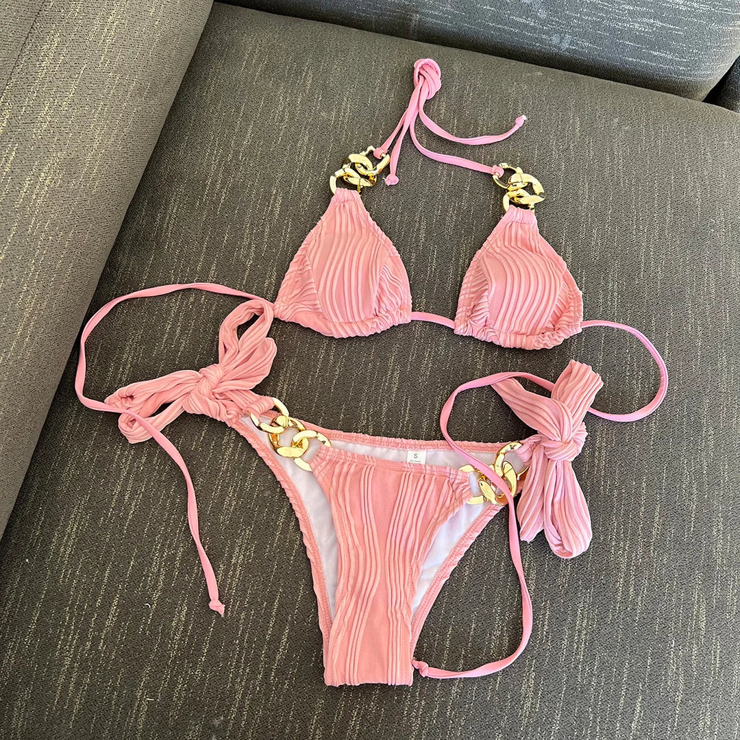 NEW 8 Colors Sexy Halter Metal Rings Bikinis Wrinkled Bikini Female Swimsuit Women Swimwear 2PCS Bikini Set High Cut Bathing Suit Swim Ladies Sexy Swimwear Bikini Set