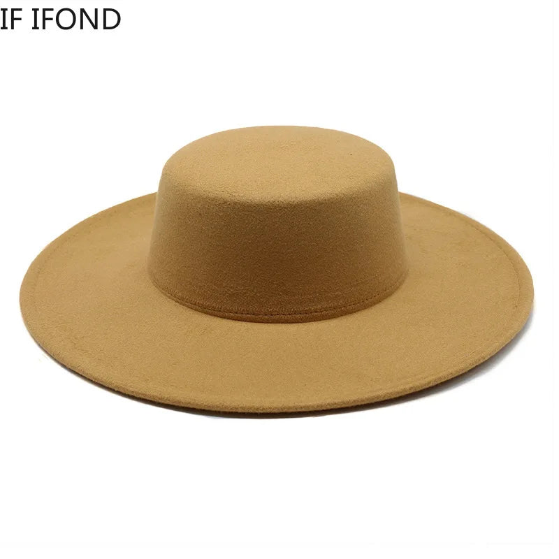 NEW Arrivals 8 Colors 56cm-58cm French Women's Luxury Hat Big Wide Brim 10CM Fedora Hat Autumn Winter Spring Cotton Wool Derby Wedding Jazz Hats Flat Top Felt Hat Ladies Luxury Fashion Apparel Accessories