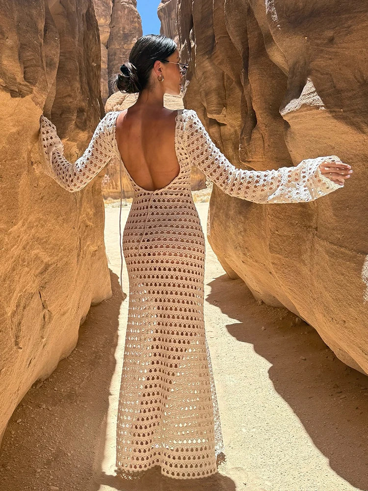 NEW Sexy Handmade Beige Knit Mesh Backless Long Bell Sleeve Beach Maxi Dress Women's Summer Slim Outfits Vacation Swimsuit Cover Up Tunic K205