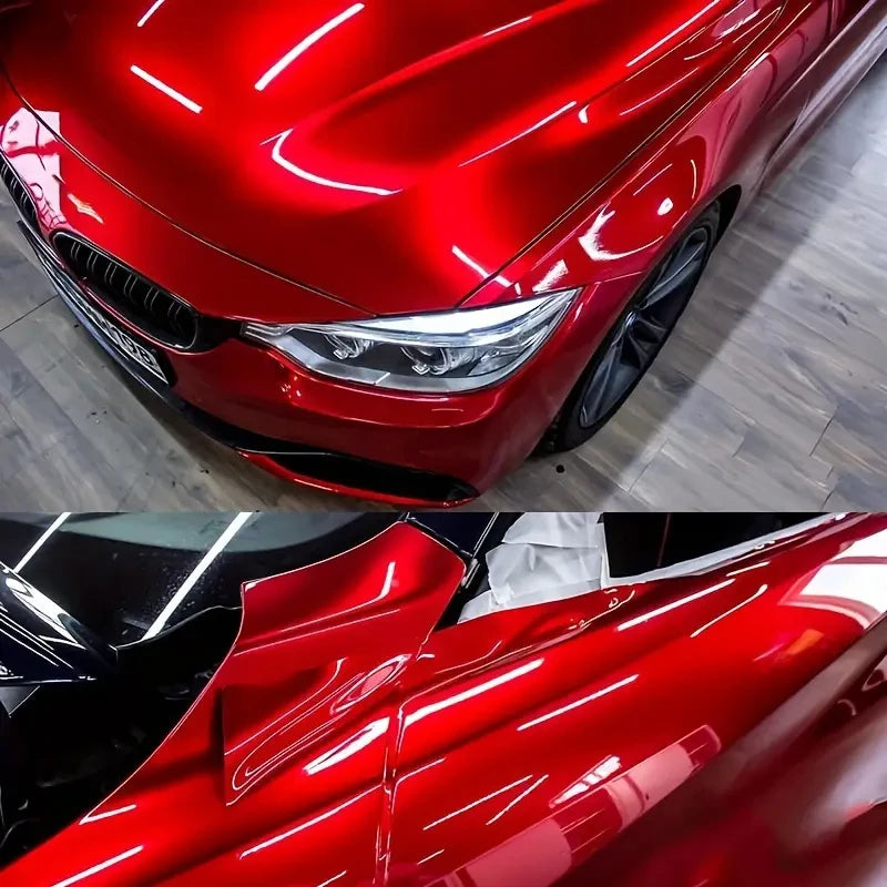 Cars Vehicle and Motorcycle Premium Candy Metallic Gloss Paint Tape Color Tuning Metal Red Glossy Vinyl Wrap Adhesive Film Decal Car Wrapping Foil with Air Release Bubble Car Accessories