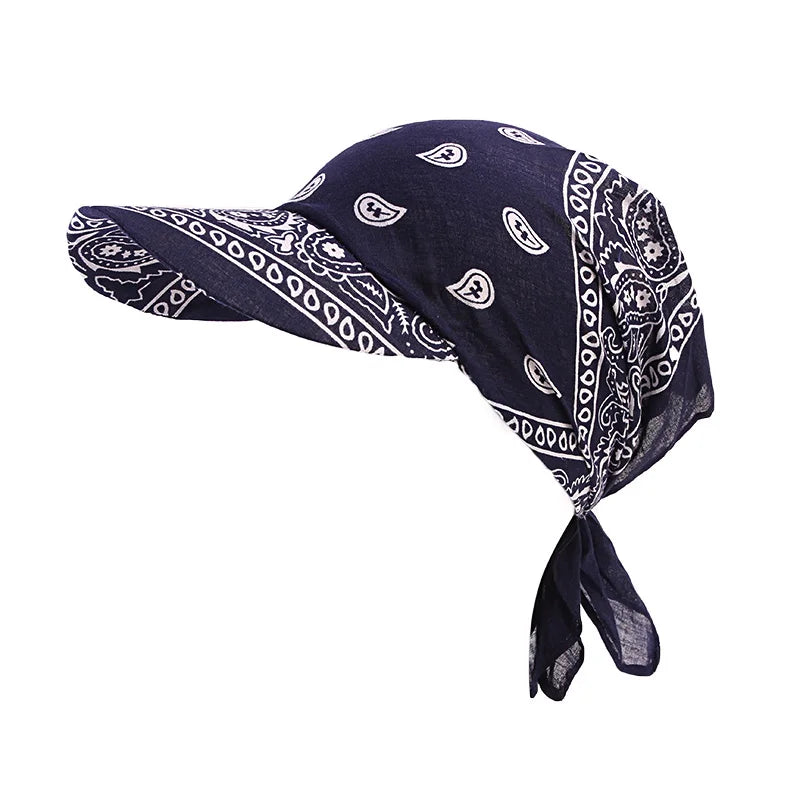 New Arrivals Women Female Cotton Paisley Head Scarf Visor Hat With Wide Brim Sunhat Summer Beach UV Protection Sun Hats Adjustable Baseball Bandana Cap Girls Ladies Summer Fashion Apparel Accessories Supplies