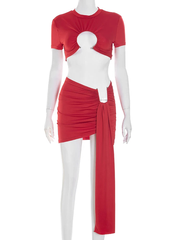 NEW 2PCS Set Black/White/Red Color Summer Women Solid Shorts Sleeve Ruched Brooch Crop Tops +Irregular Ribbon Skirts Matching Club Outfits Girls Sexy Fashion Clothing Supplies