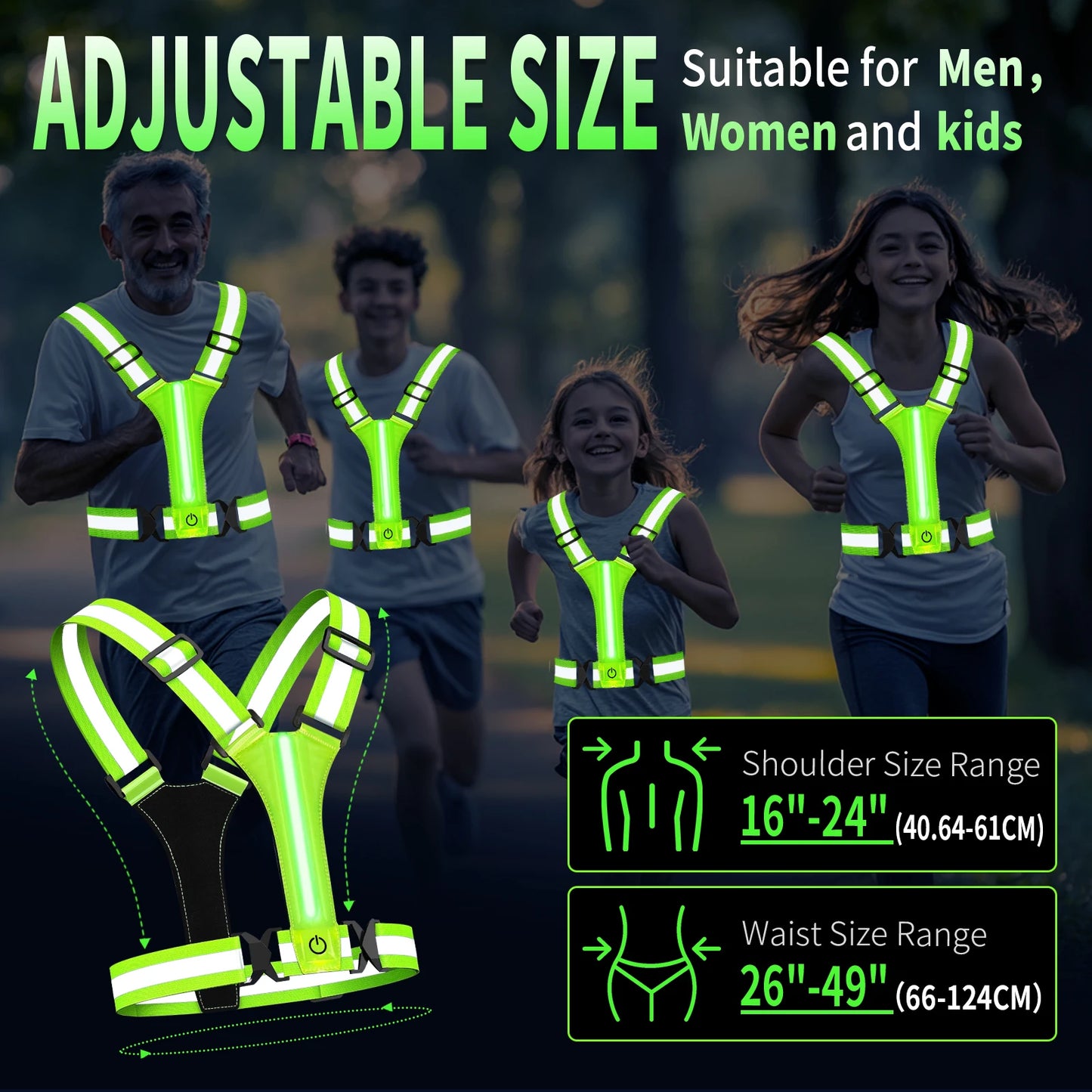 2 PCS Set 3 Colors Adjustable Reflective Security Vests Safety High Visibility Rechargeable Running Cloth For Outdoor Night Runners Cycling Sports