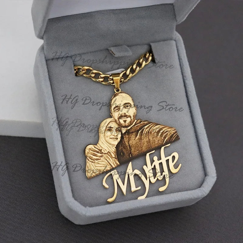 Personalized Custom Picture Nameplate Gold/Silvery 50cm Cuban Chain  Pendant Custom Photo Necklace Engraved Portrait Necklace Anniversary Birthday Wedding Gifts for  Jewelry Family Gifts