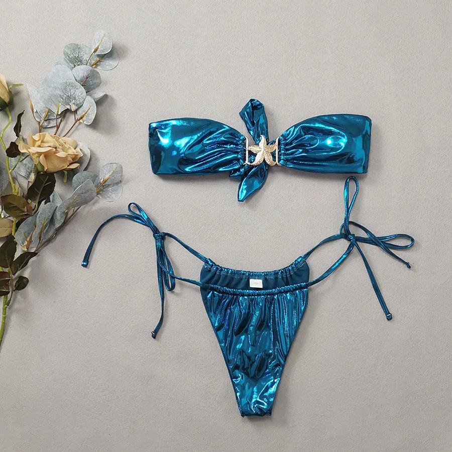 Hot Selling Sexy Strapless Split Bikini Blue Glossy Gold Starfish Swimsuit for Women