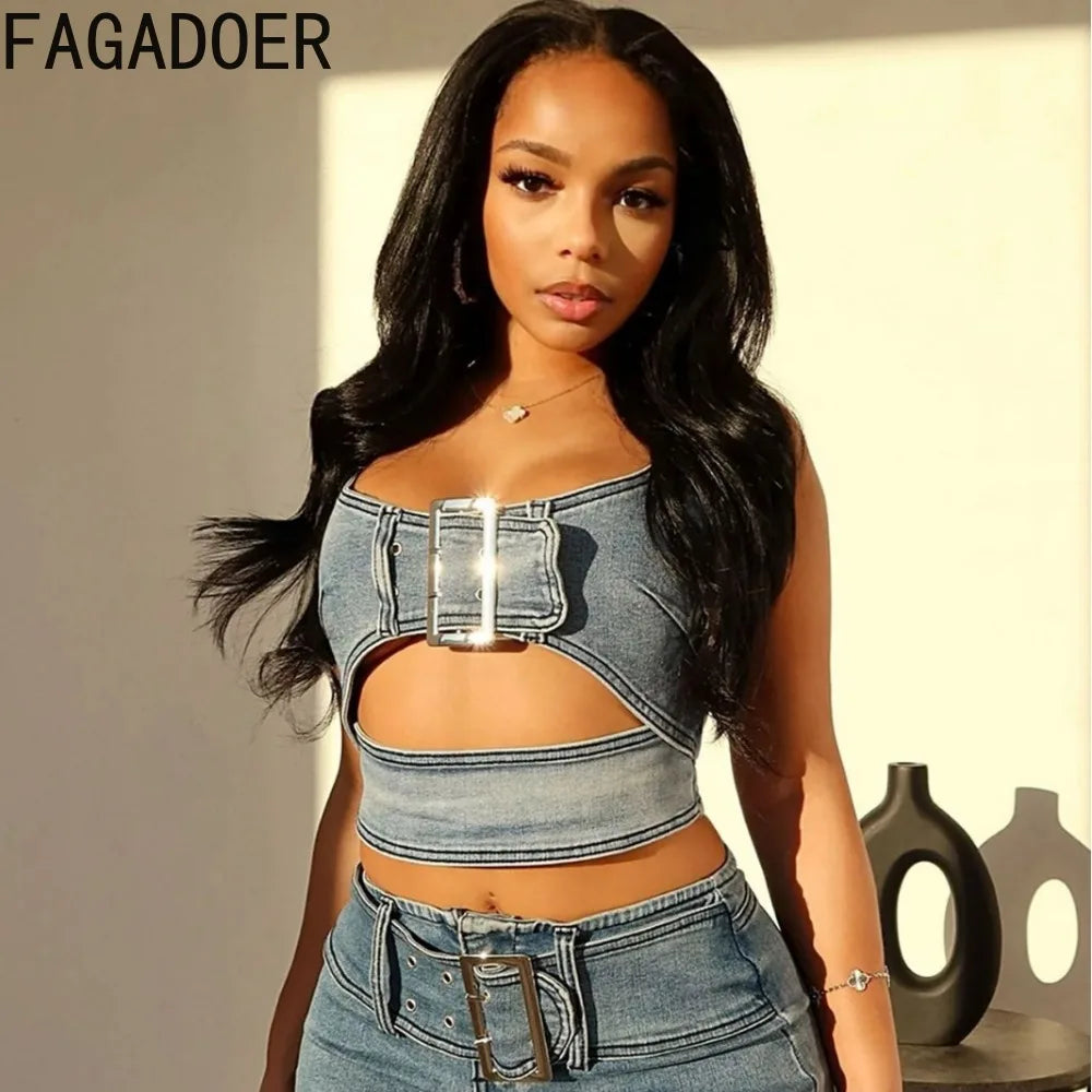 Blue Fashion Hollow Out Elasticity Denim Two Piece Sets Women Thin Strap Sleeveless Tank Top And Skirts Cowboy Outfits