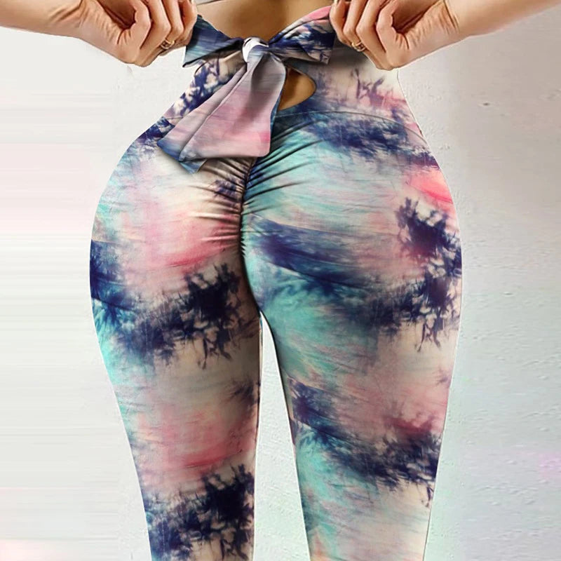 New Sports Breathable Fitness Pants High Elasticity Sweat-absorbent Hip Lift Printed Bow Tights High Waist Slim Yoga Pants Women