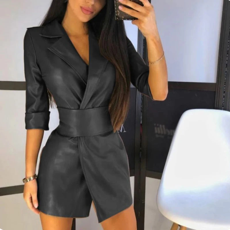 NEW Arrivals Luxury Italian Fashion Leather Women's Dress Sexy V Neck Leather Mid Length PU Leather Waist Closure Dresses Trend Turn Down Dress With Belt Ladies Luxury Fashion Clothing Supplies