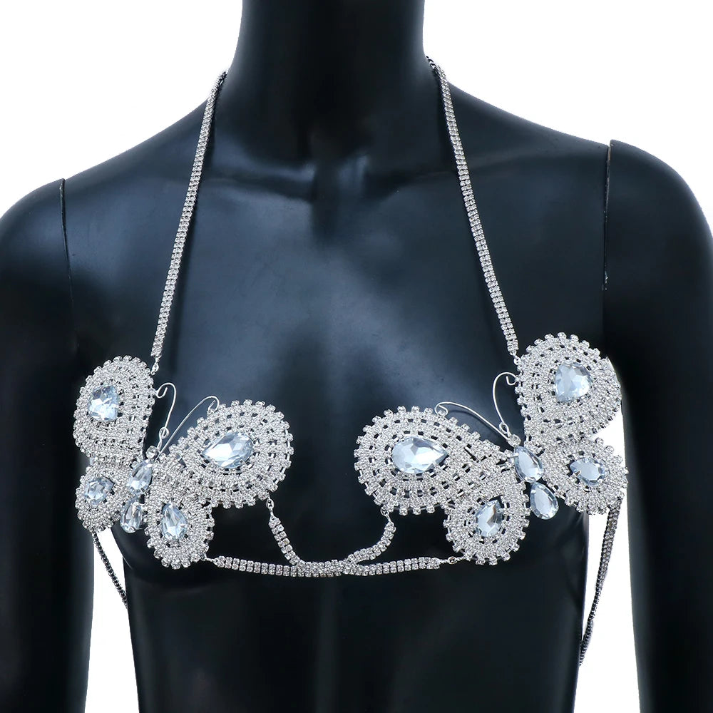 Exclusive Butterfly Bra Bikini Top Lingerie for Women Sexy Rhinestone Luxury Crystal Body Chain Harness Necklace Jewelry Party