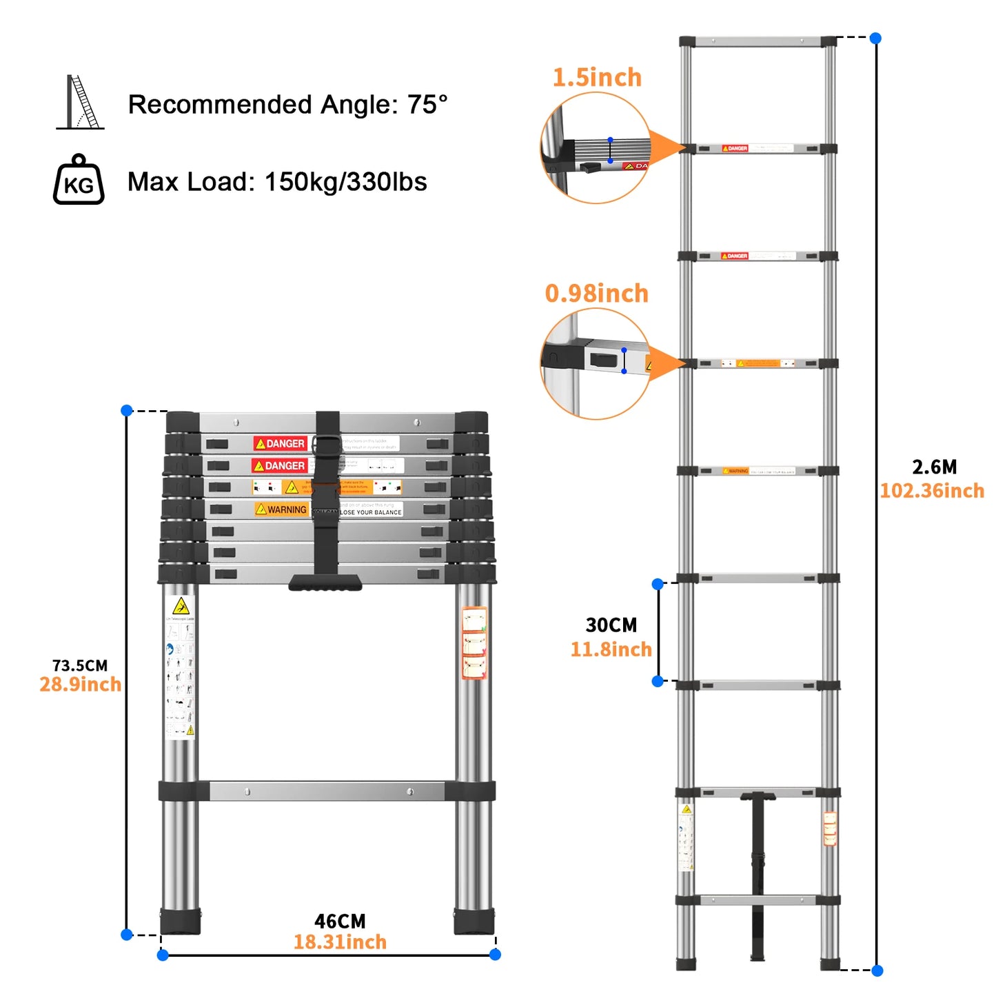 Telescopic Ladder Stainless Steel, Load 150kg, Convenient Extendable ,For Pulling Walls, Changing Light Bulbs, Repairing Roofs, RV Home Work Heavy Duty Accessories