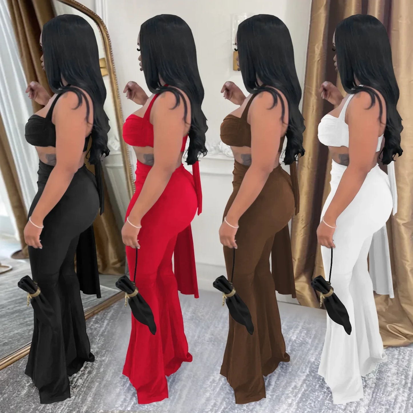 2 PCS Set S-2XL Fashionable C7485 Cross-Border Sexy Summer Strapless Long Pants Set Women's Polyester Fiber Clothing