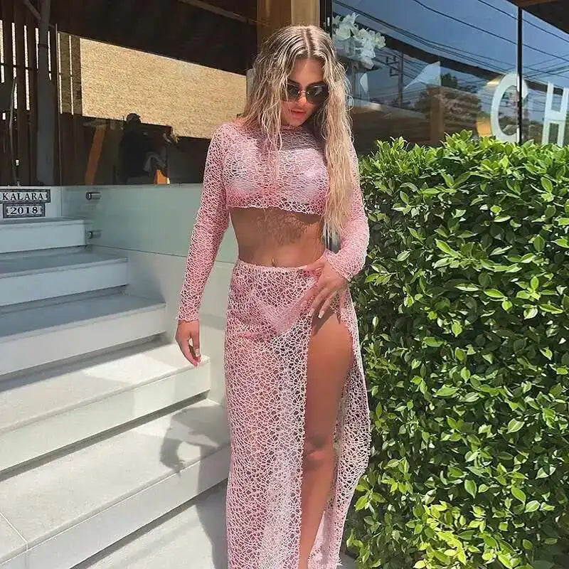 NEW 2PCS Set 5 Colors Perspective Grid Sexy  Long Sleeve Top Split Long Skirt Women Set Elegant Casual Women Set