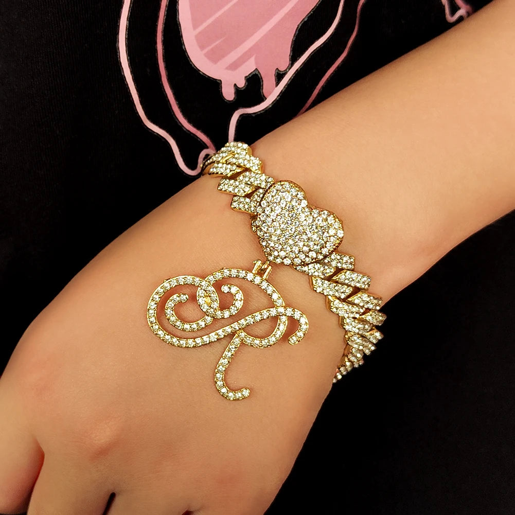 2 PCS Set New Fashion A-Z Initial Cursive Letter Luxury Rhinestones Pendant Cuban Necklace for Women Iced Out Cuban Link Chain Necklace Set Jewelry
