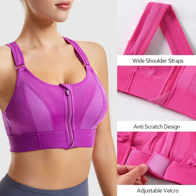 Sexy Zip Front Closure Strappy Cross Yoga Bra Women's Padded Shockproof Gathered Seamless Wireless Sport Gym Bras