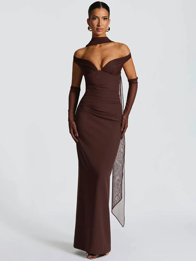UK Size Black/Brown/Pink Color Scarf Collar Off-Shoulder Sexy Maxi Dress Women Gown Fashion With Sleeve Strapless Backless Club Party Long Dresses