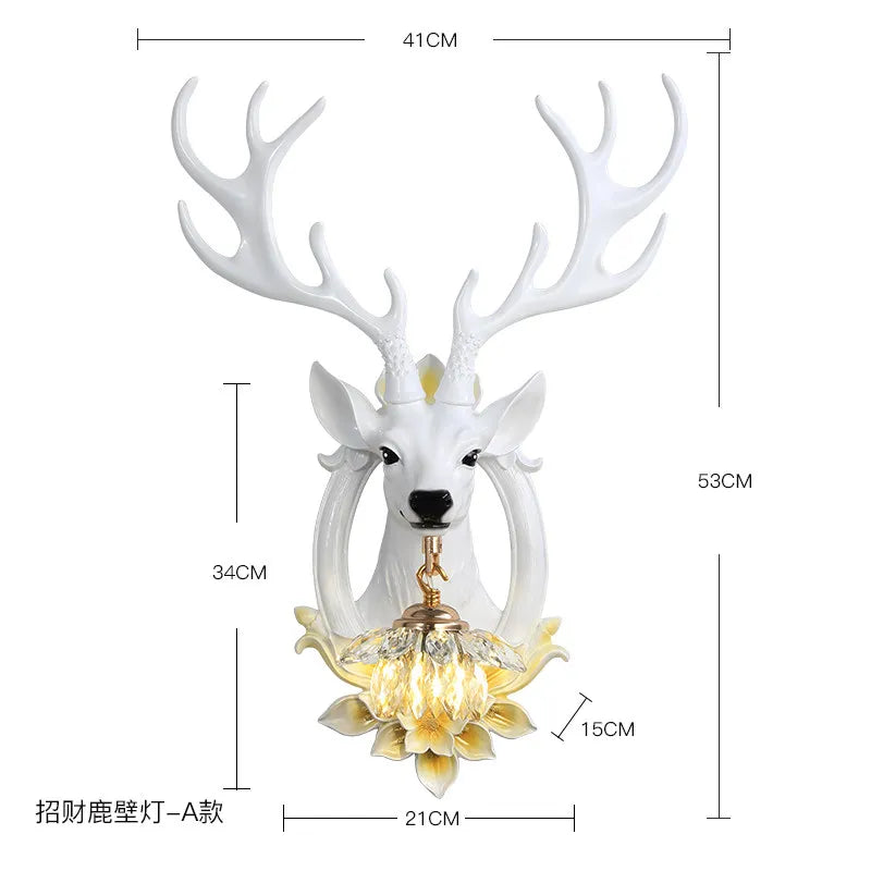 American Retro Lucky Deer Head Warm and White Lighting Wall Lamps Living Room Bedroom Restaurant Hotel Atmosphere Decorate Crystal Antlers Wall Sconces