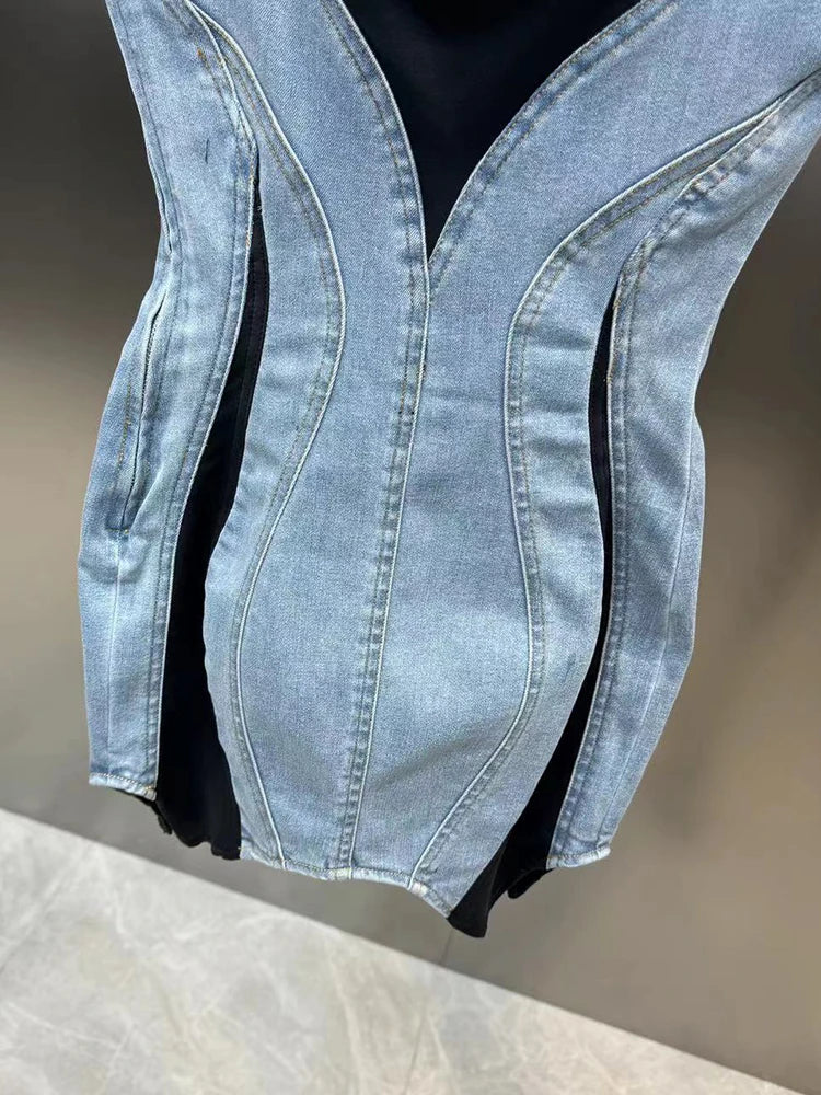 New Arrivals Fashion Women's Ladies Patchwork Elastic Denim Sling Dress Spring Autumn Trendy Sleeveless Wrap Hip Dresses Female 11XX8995 Female Girls Casual Fashion Clothing Supplies