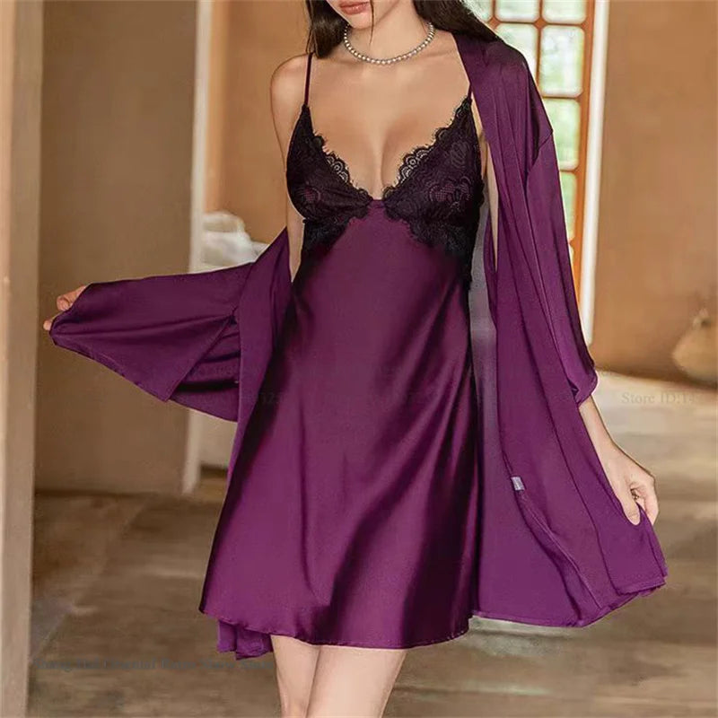2 PCS Set Sexy Female  Long Robe Nightgown Spring Summer New Silk Satin Sleepwear Nightdress Lingerie Patchwork Lace Home Wear