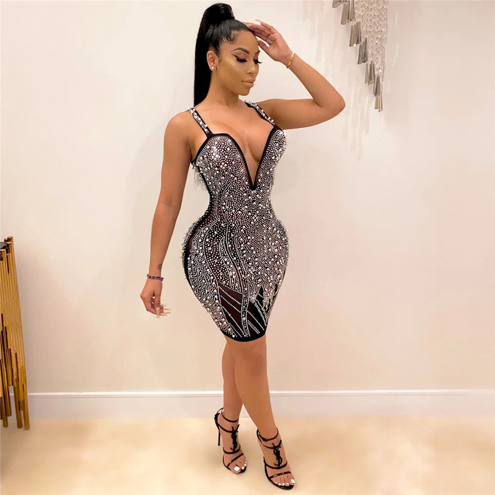 Black/Blue Color  Sexy Pearl Beading Rhinestones Diamonds  Dress Women Luxury Nightclub Party Birthday Appliques Rhinestones Summer Dress Women Luxury Fashion Apparel Supplies