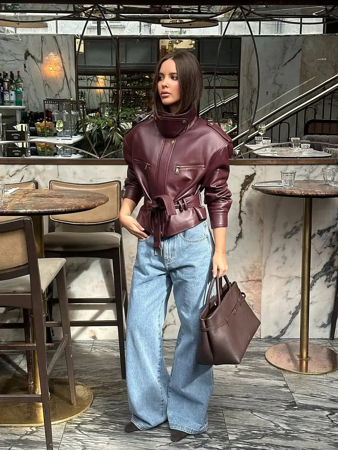 UK Size Women Solid Burgundy Waist Cinching Jacket Fashion Lace Up Stand Collar Zipper Bucket Short Jackets Lady High Street Coat
