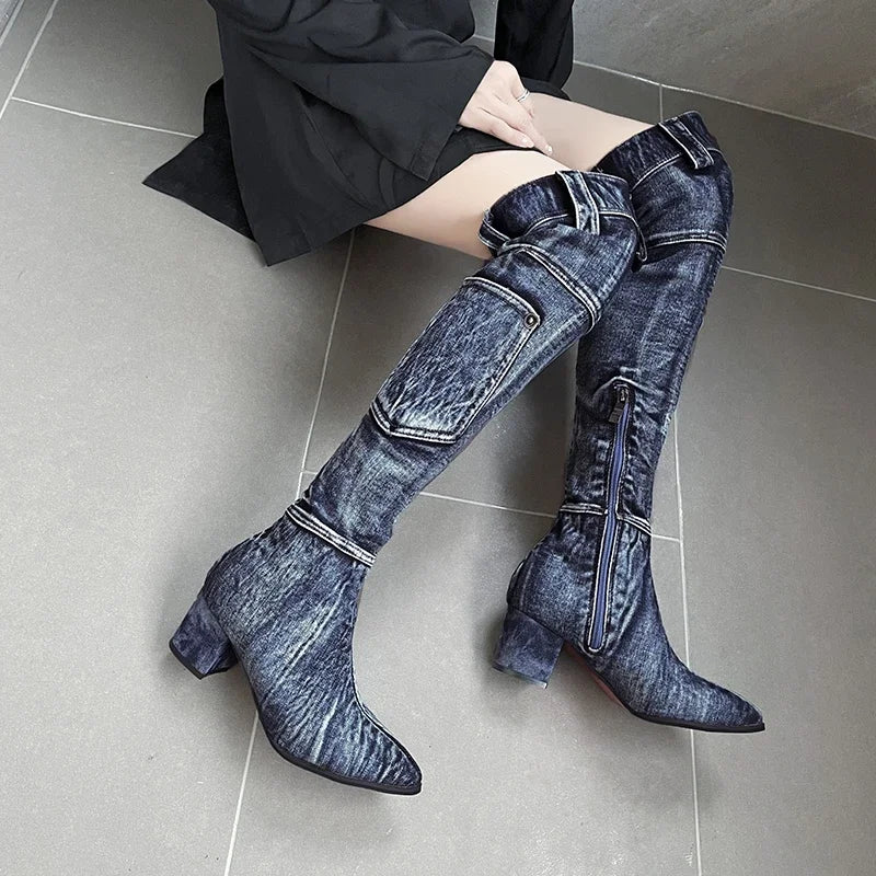 2022 Sexy Jean Boots Women's Knee-High Boot Zipper 6CM High Heel Woman Stylish Jeans Boots Ladies Denim Boot Female Shoes Cowboy