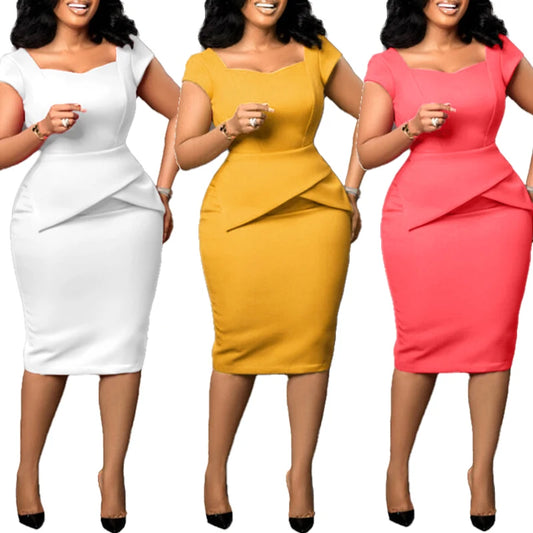 BRAND NEW S-3XL Plus Size Chubby Women Luxury Dress for Church Elegant Ladies Summer Office Wear Casual Dress Bodycon Knee Length Solid Color Peplum Pencil Dress