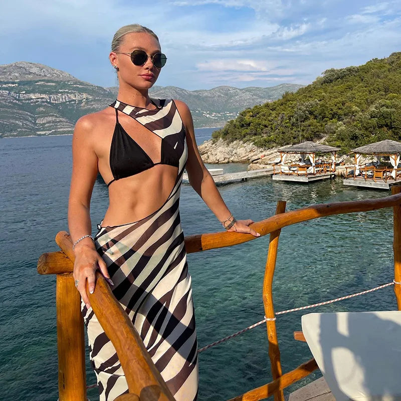 Zebra Long Beach Dress Cover-Ups Sexy Transparent Mesh Maxi Dress Cut Out Bodycon Summer Holiday Vacation Dress Women