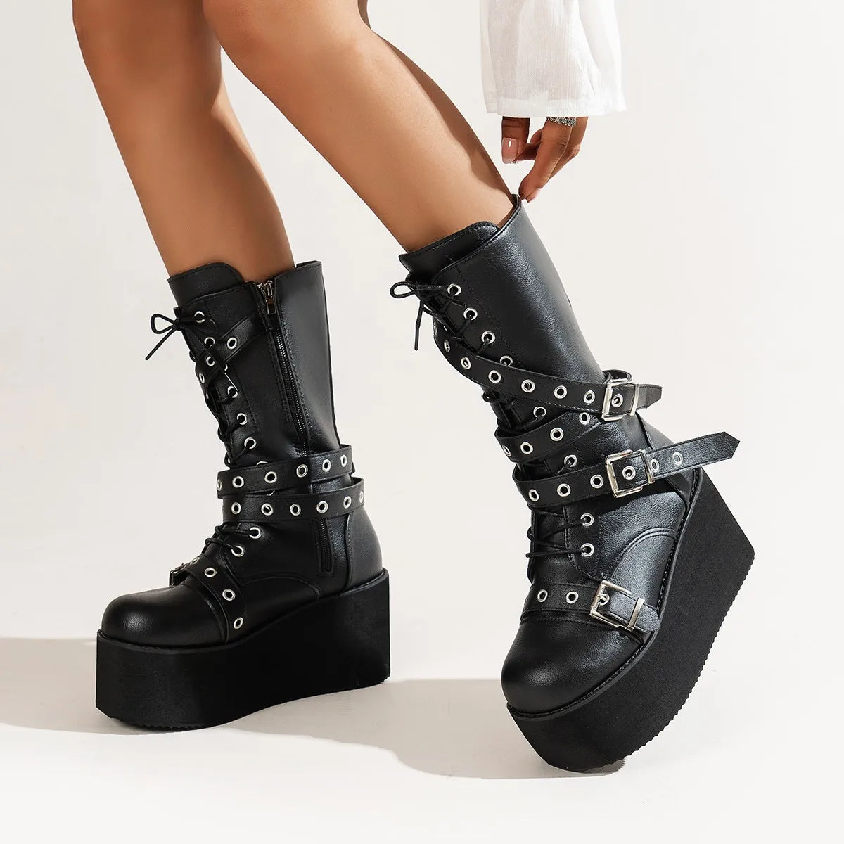 NEW Arrivals Big Size 43 Women Boots Black Lace Up Buckle Round Toe Wedges Platform Boots Punk Goth INS Women Street Shoes